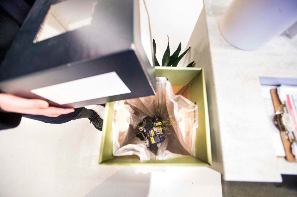 A recycling bin for cannabis containers at a Tokyo Smoke store in Winnipeg. (Mikaela MacKenzie/Winnipeg Free Press)