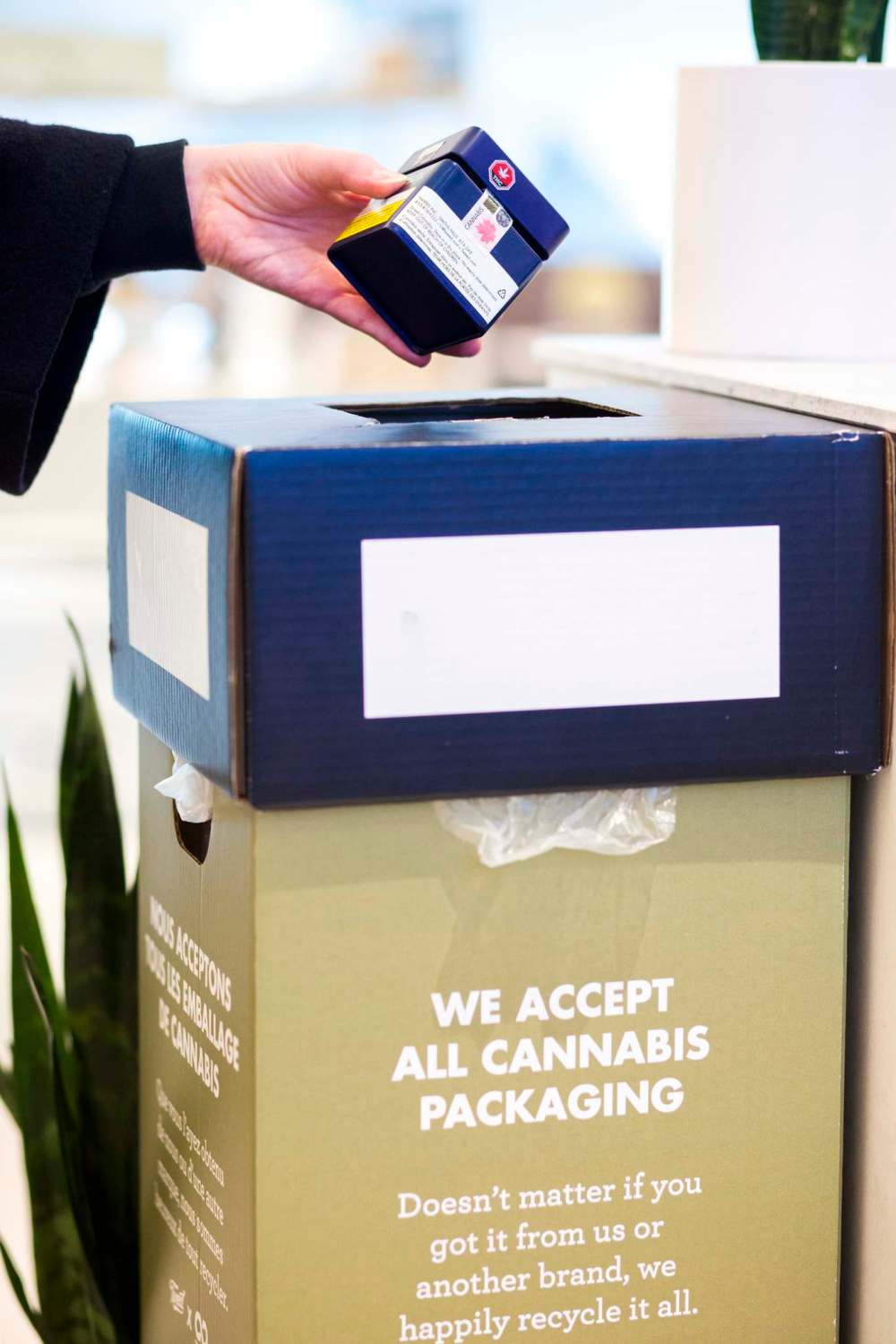 A recycling bin for cannabis containers at a Tokyo Smoke store, which is owned by Canopy Growth Corp. (Mikaela MacKenzie/Winnipeg Free Press)