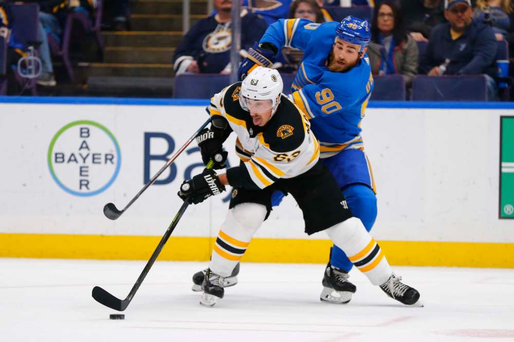 AP Photo/Dilip Vishwanat
Boston Bruins' Brad Marchand, front, keeps the puck from St. Louis Blues' Ryan O'Reilly. Winnipeg Jets captain Blake Wheeler has nothing but respect for the Bruins' super-pest: