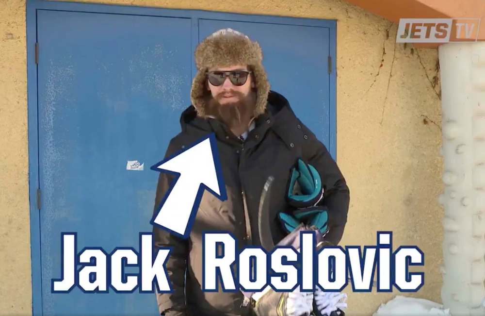 WINNIPEGJETS.COM
Screen capture from Winnipeg Jets video featuring Jack Roslovic in disguise as Arthur Preston.