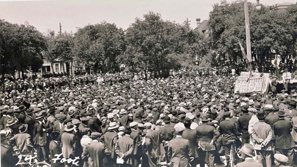 Thousands gather in May of 1919 at Victoria Park, just east of Winnipeg's city hall, the central gathering area for strikers and returning veterans of the First World War. (Lewis Benjamin Foote / Winnipeg Free Press files)