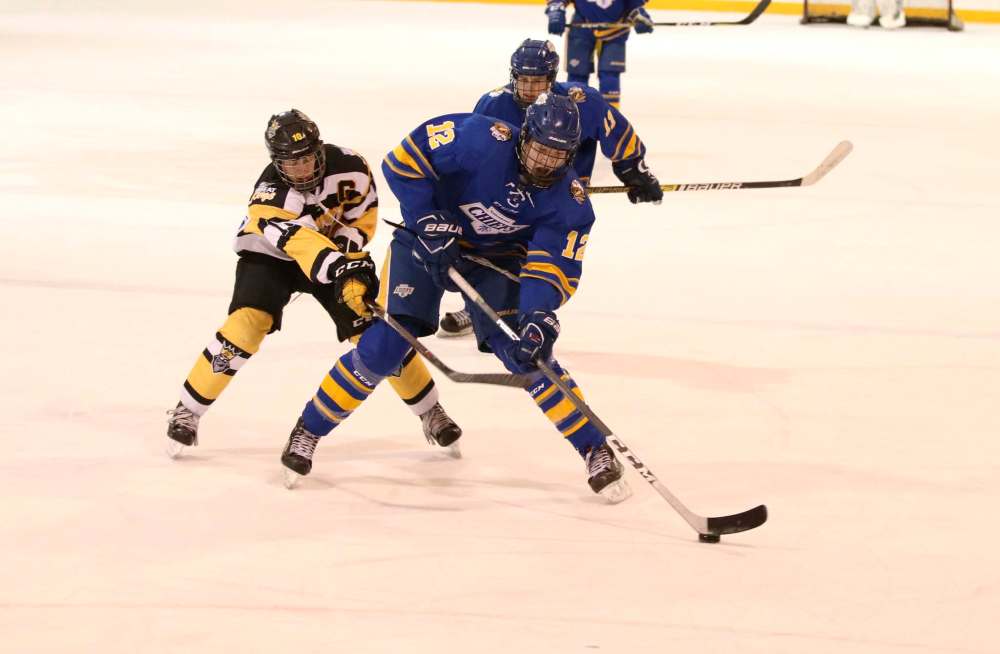 Wheat Kings captain Will Fawcett tries to check Yellowhead Chiefs forward Conor Geekie in a Winnipeg AAA Bantam Hockey League game at the Sportsplex in 2018. (Perry Bergson / Brandon Sun files)