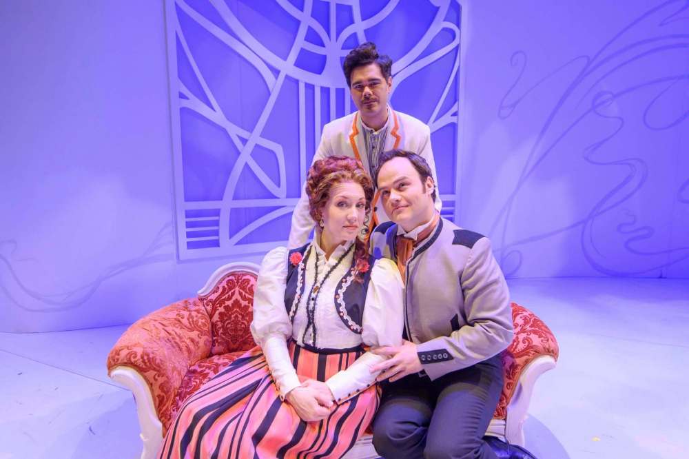Mike Sudoma / Winnipeg Free Press
From left: Rosina (Andrea Hill), Figaro (Elliot Madore) and Count Almaviva (Andrew Owens) on the set of Manitoba Opera’s The Barber of Seville at the Centennial Concert Hall.