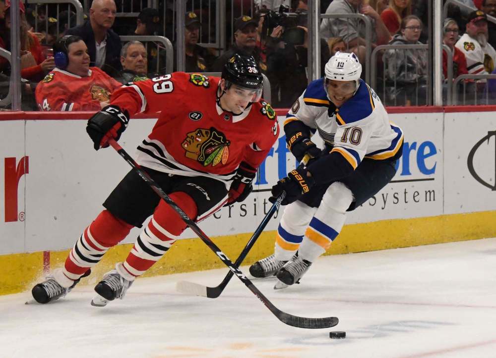 David Banks / The Associated Press
Chicago D-man Dennis Gilbert and his Blackhawks did the Jets a favour by knocking off Brayden Schenn and the Blues 4-3 in a shootout Wednesday.