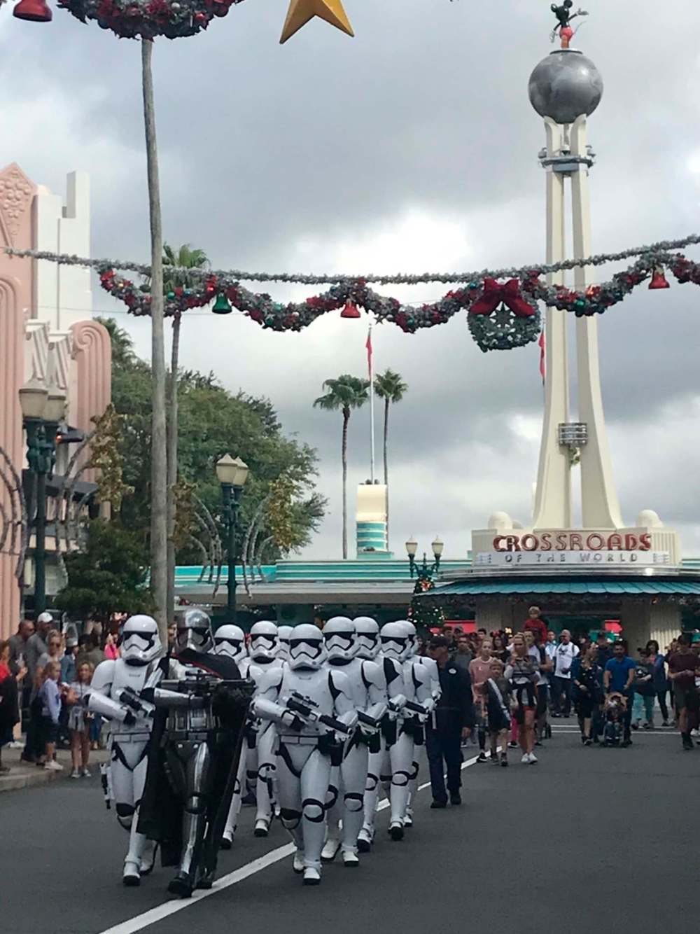 Stormtroopers from Star Wars parade through the streets of Disney’s Hollywood Studios on their way to perform on an outdoor stage with other characters from the film. It’s all in anticipation of the opening of a new themed expansion at Disney World - Star Wars: Galaxy’s Edge scheduled to open this fall.