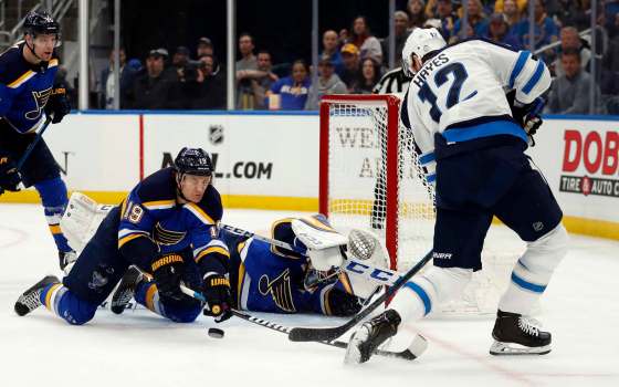 Jets forward Kevin Hayes (right) is unable to score in this sequence in Game 3 but played one of his best games as a Jet.