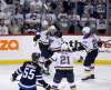 TREVOR HAGAN / WINNIPEG FREE PRESS files
St. Louis Blues (from left) Carl Gunnarsson, Jaden Schwartz, Tyler Bozak and Alexander Steen celebrate Thursday’s late game-winning goal against the Jets at Bell MTS Place.