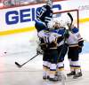 PHIL HOSSACK / WINNIPEG FREE PRESS
St Louis Blues' Ryan O'Reilly celebrates his goal early in the 3rd period with team mates Vladimir Trasenko, David Perron and Brayden Schenn, Thursday in Winnipeg.