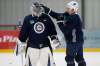 Winnipeg Jets' Matt Hendricks (15) jokes with goaltender Eric Comrie (1) during practice prior to their first round of NHL playoff action against the St. Louis Blues in Winnipeg, Monday, April 8, 2019. THE CANADIAN PRESS/John Woods