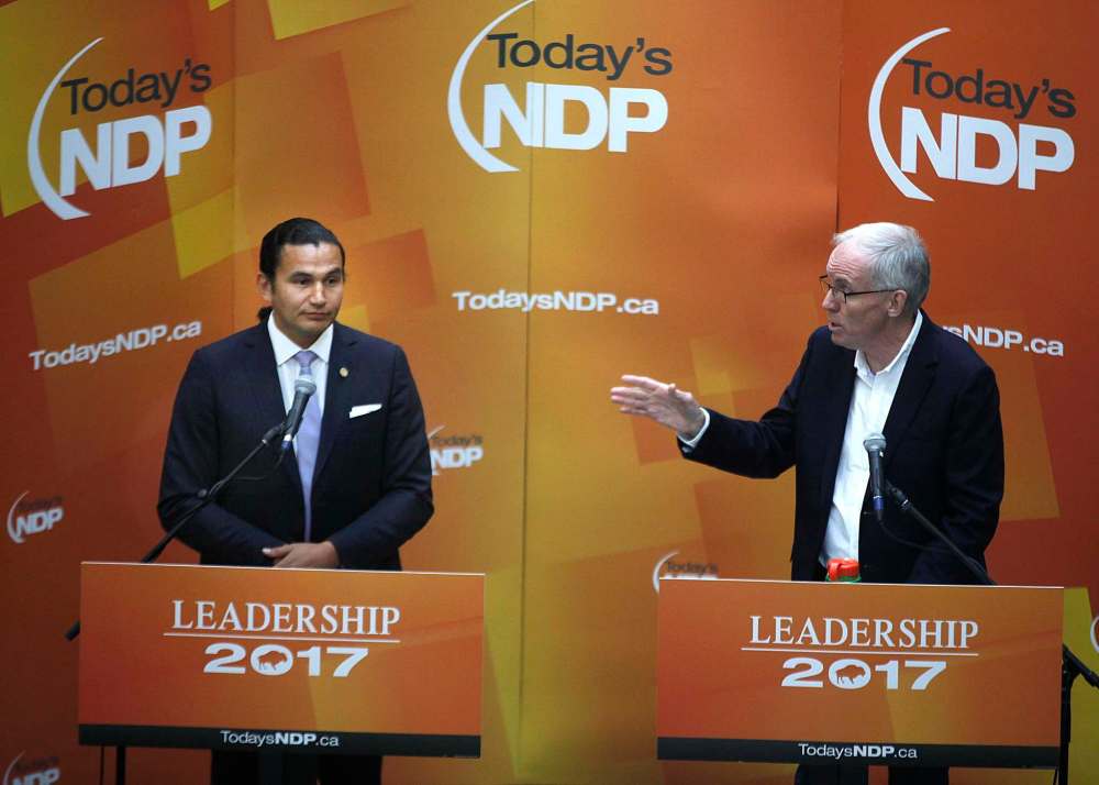 PHIL HOSSACK / WINNIPEG FREE PRESS FILES
Wab Kinew (left) and Steve Ashton during a debate at the 2017 NDP Leadership forum. Kinew has denied that he played a role in preventing his former rival for the party leadership from becoming a candidate for the NDP in the next provincial election.
