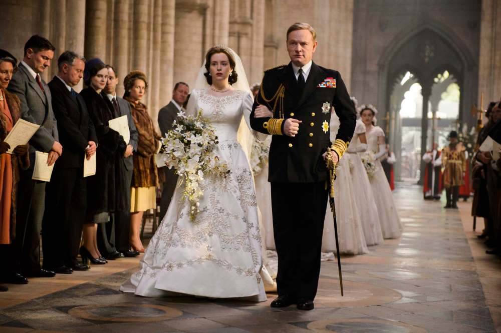 Alex Bailey / Netflix
Claire Foy (left) as Queen Elizabeth II and Jared Harris as King George VI appear in The Crown. Harris’s outfit from this scene is one of 40 costumes in the Costuming The Crown exhibition.