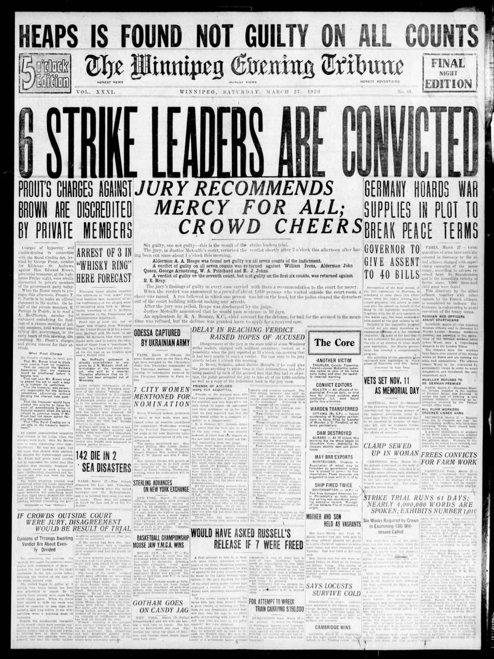 UNIVERSITY OF MANITOBA ARCHIVES
March 27, 1920, edition of the Winnipeg Tribune after the conviction of six strike leaders who were instrumental in the Winnipeg General Strike of 1919.