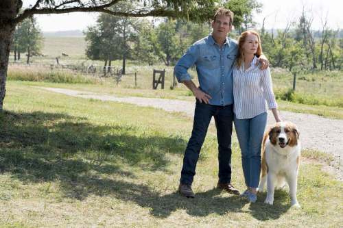 UNIVERSAL
Ethan (Dennis Quaid) and his wife Hannan (Peggy Gilpin) alongside Bailey in A Dog&rsquo;s Journey.