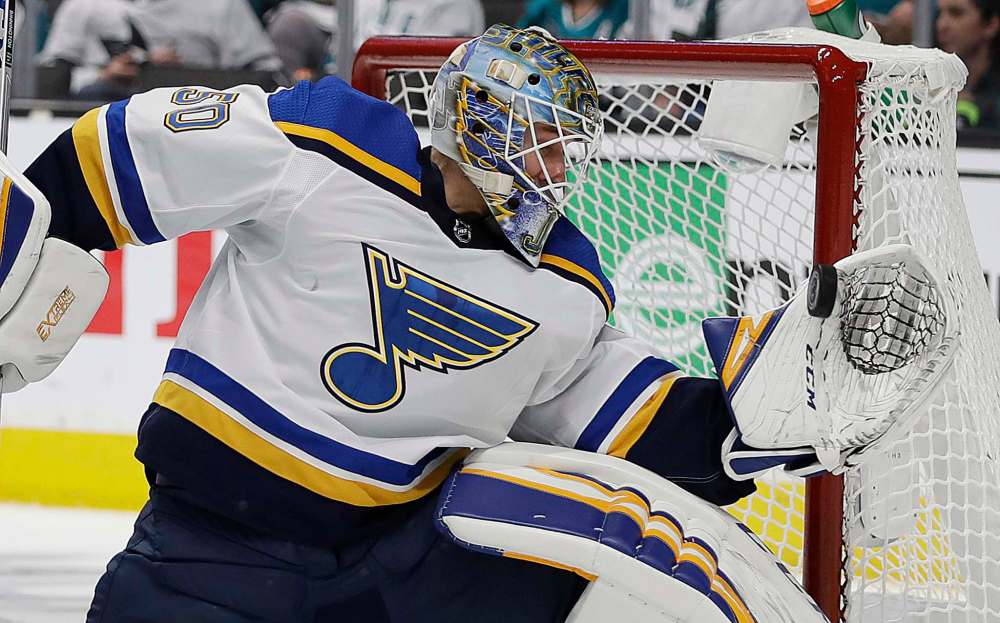 Jordan Binnington started the season in the AHL and played a total of 48 games with the San Antonio Rampage and St. Louis Blues this season. (Ben Margot / The Associated Press)