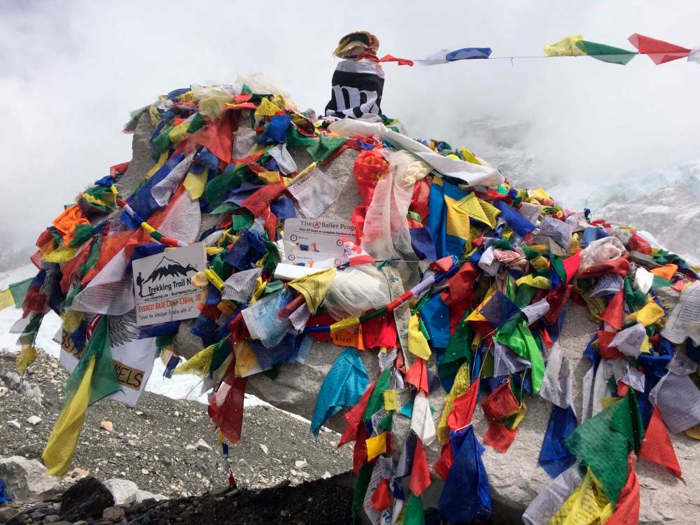 The famous rock at base camp covered in prayer flags and company posters, used as a landmark to say ‘I made it.’