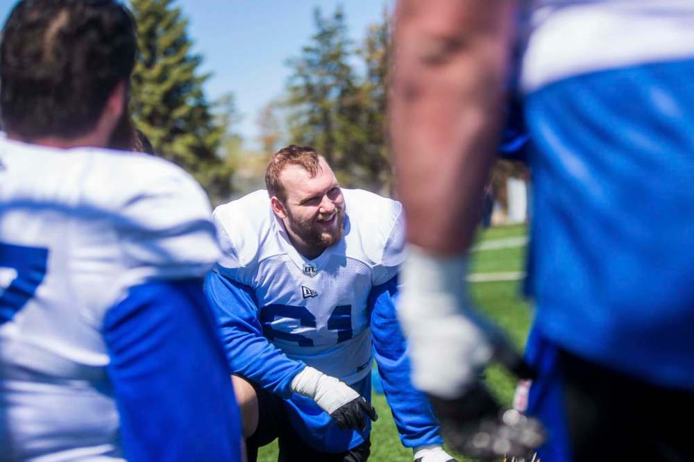 MIKAELA MACKENZIE / WINNIPEG FREE PRESS
Bombers first-round draft pick Drew Desjarlais measures six-foot-five and 325 pounds. The former University of Windsor hog isn’t afraid to push his weight around.