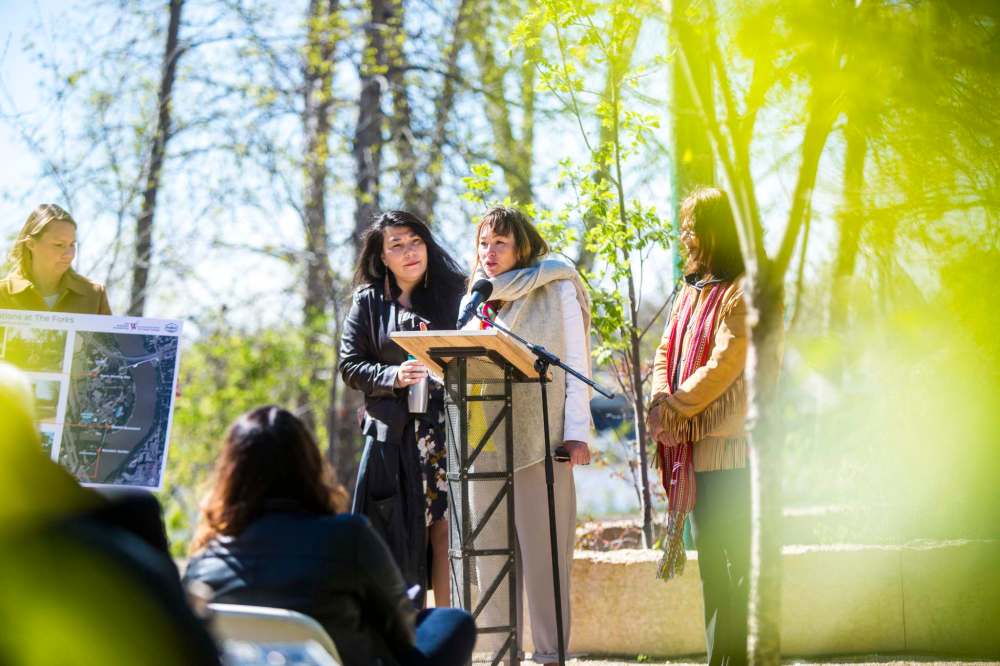 KC Adams (from left) Jaimie Isaac and Val Vint will create three new public art pieces at The Forks on the Niizhoziibean pathway. (Mikaela MacKenzie / Winnipeg Free Press)