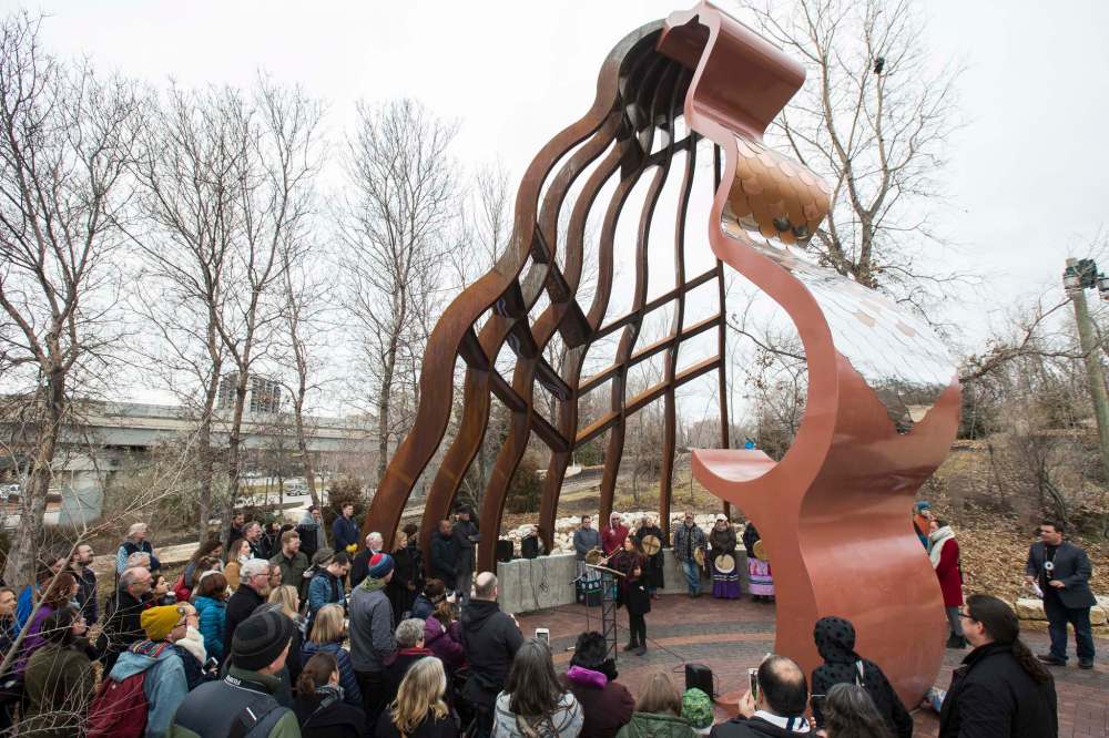 Artists KC Adams, Val Vint and Jaimie Isaac previously collaborated on the Niimaamaa sculpture. (Mike Deal / Winnipeg Free Press files)