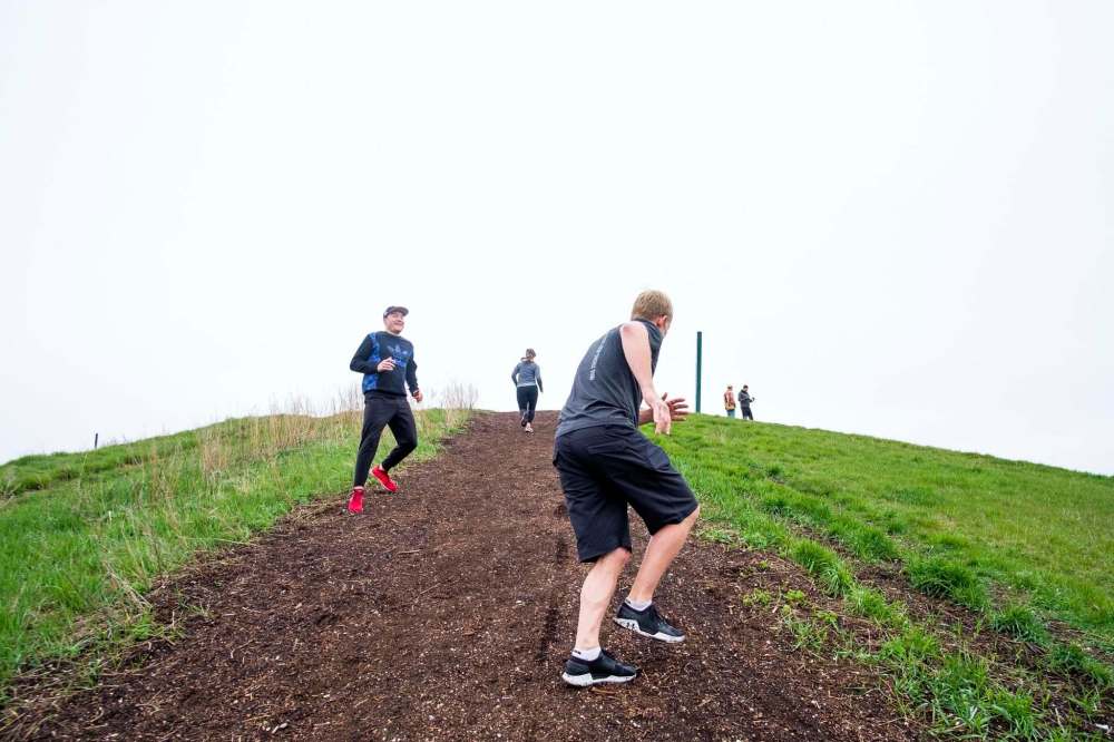 Burr (right) and Garbutt (left) sidestep up the steep incline of Garbage Hill.