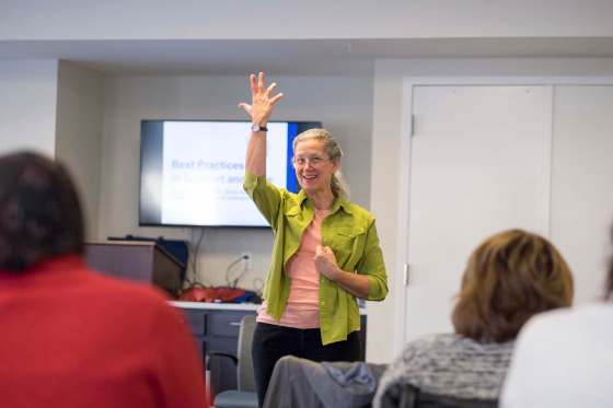 Teepa Snow, a nationally known Alzheimer's expert, conducts a seminar in Paoli, Pa., on Jan. 19, 2016. She uses humour, wit and wisdom to show participants what works best behaviorally when working with dementia patients. Here, Snow goes through a range of emotions during a role-playing exercise with seminar participants. (Ed Hille/ Philadelphia Inquirer files)