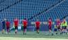SASHA SEFTER / WINNIPEG FREE PRESS
Valour FC Midfielder Dylan Sacramento (middle) runs through drills during a team practice on Investors Group Field, Thursday.
