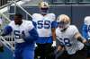 JOHN WOODS / WINNIPEG FREE PRESS
Big offensive lineman Jamar McGloster (centre) looks on during Winnipeg Blue Bombers’ practice session on Sunday.