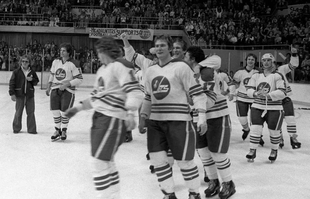The Jets celebrate their third Avco Cup victory in the final year of the World Hockey Association's existence. (Jon Thordarson / Winnipeg Tribune files)