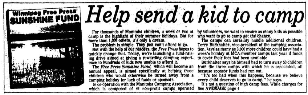 The May 26, 1979 edition of the Winnipeg Free Press announced the Sunshine Fund campaign to help send kids to camp.