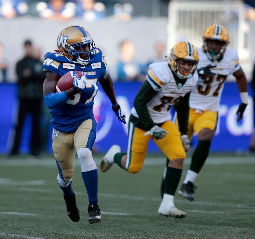 PHIL HOSSACK / WINNIPEG FREE PRESS
Winnipeg Blue Bombers' Lucky Whitehead scampers on a kickoff return in Pre-Season action at IG Field Friday.