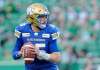 THE CANADIAN PRESS/Mark Taylor
Winnipeg Blue Bombers quarterback Matt Nichols looks for a receiver during first half CFL pre-season action against the Saskatchewan Roughriders at Mosaic Stadium in Regina on Thursday.