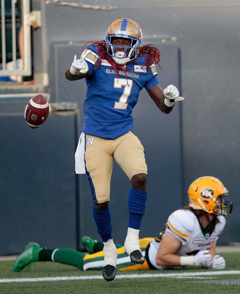 PHIL HOSSACK / WINNIPEG FREE PRESS
Blue Bombers receiver Lucky Whitehead had two highlight-reel touchdowns in the Bombers’ 28-21 victory over the Edmonton Eskimos Thursday night at IG Field.