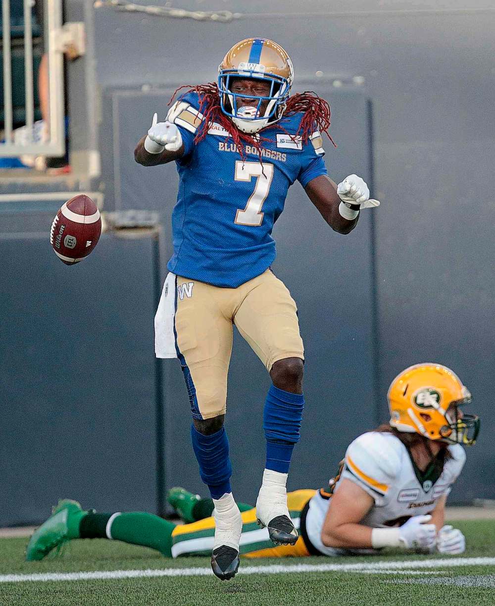 PHIL HOSSACK / WINNIPEG FREE PRESS
Winnipeg Blue Bombers' Lucky Whitehead celebrates scoring a touchdown Thursday against the Edmonton Eskimos.