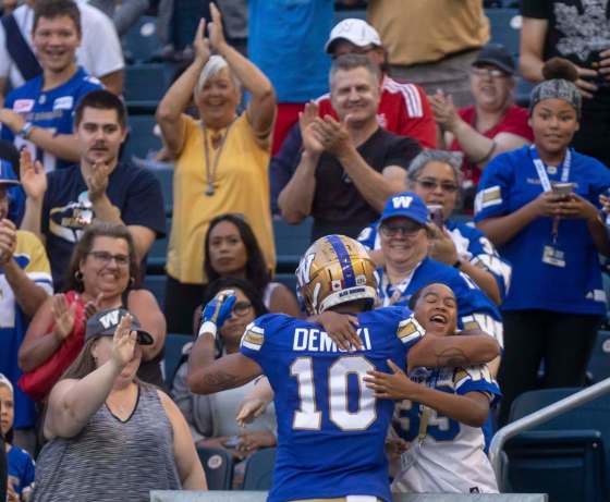 SASHA SEFTER / WINNIPEG FREE PRESSWinnipeg Blue Bombers wide receiver Nic Demsky celebrates with the crowd after catching a touchdown pass in the first quarter Friday, a quarter that could barely have gone any better for the Blue and Gold.