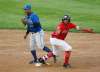 JOHN WOODS / WINNIPEG FREE PRESS
No need for an umpire. Winnipeg Goldeyes baserunner Tyler Hill declares himself safe on this steal attempt. The Goldeyes hammered the Sioux Falls Canaries 11-2 on Tuesday.