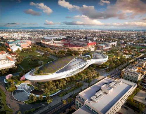 An early artist&rsquo;s rendering of the George Lucas Museum of Narrative Art, being built in Exposition Park. (Lucas Museum of Narrative Art/TNS)
