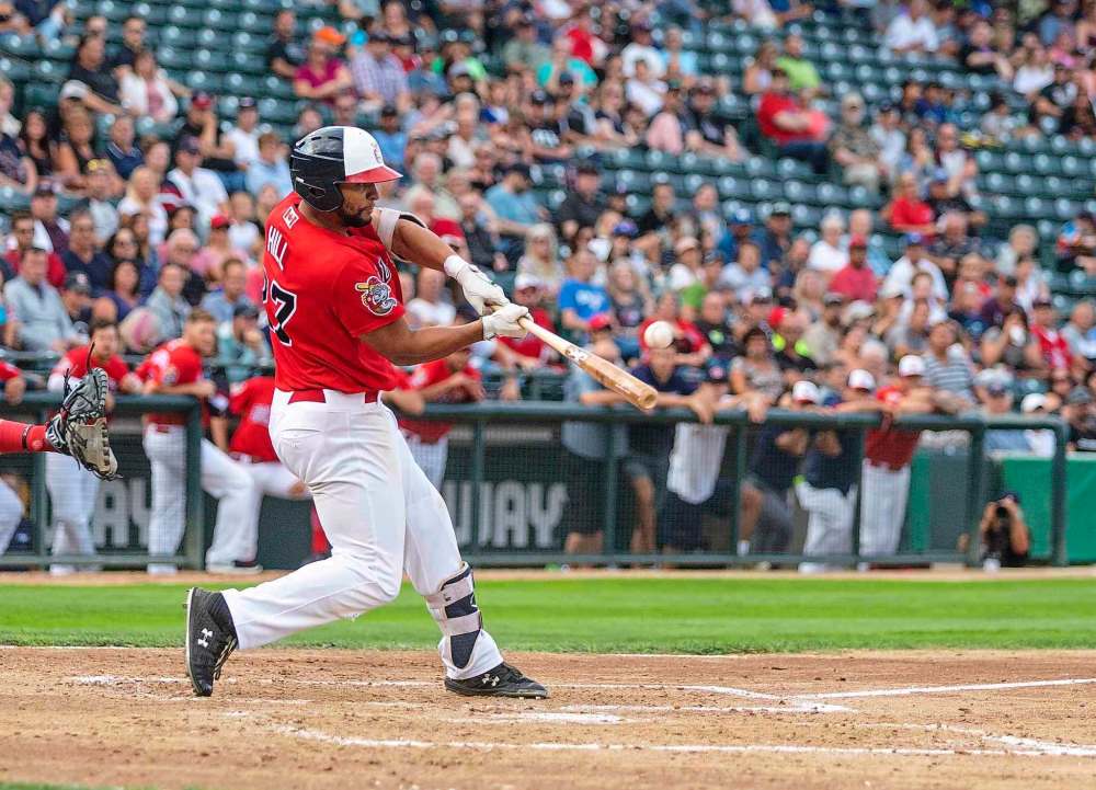 SASHA SEFTER / WINNIPEG FREE PRESS
Winnipeg Goldeyes outfielder Tyler Hill connects with a pitch during game against the Lincoln Saltdogs at Shaw Park Tuesday evening. Hill drove in a career-high five RBIs in the game.