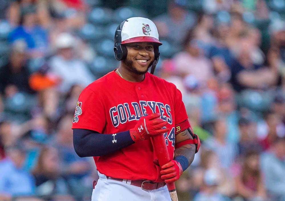 SASHA SEFTER / WINNIPEG FREE PRESS
Winnipeg Goldeyes outfielder Will Garcia shoots a smile towards the opposing dugout during a game against the Lincoln Saltdogs at Shaw Park Tuesday evening.