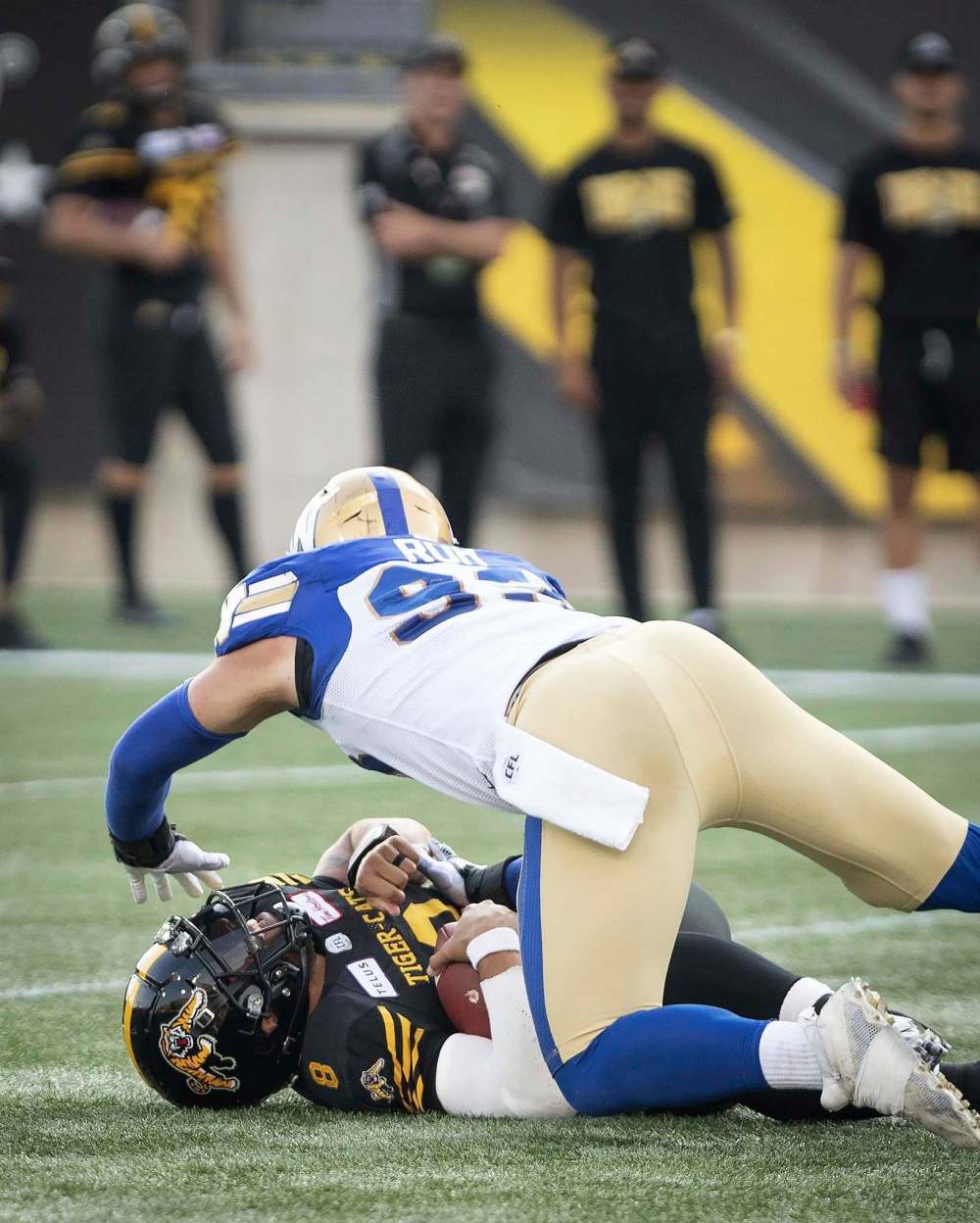 Peter Power / The Canadian Press files
Blue Bombers defensive end Craig Roh hopes to terrorize Lions quarterback Mike Reilly, as he did here with Hamilton’s Jeremiah Masoli.
