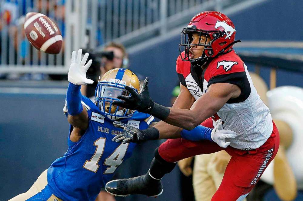 THE CANADIAN PRESS/John Woods
Winnipeg Blue Bombers' Marcus Sayles covers Calgary Stampeders' Eric Rogers during the first half of CFL action in Winnipeg Thursday.