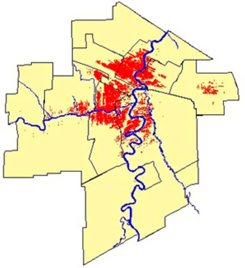 This map shows the affected areas where homes have lead pipes and have been issued a warning by the city. (City of Winnipeg)