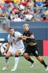 JOHN WOODS / WINNIPEG FREE PRESS
Valour FC&rsquo;s Michael Petrasso (9) and FC Edmonton&rsquo;s Amer Didic (55) challenge for the ball during first half Canadian Premier League action in Winnipeg Monday.