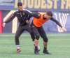 SASHA SEFTER / WINNIPEG FREE PRESS
Valour FC midfielder Marco Bustos (left) and defender Yohan Le Bourhis battle for the ball during a practice at IG Field Tuesday afternoon.