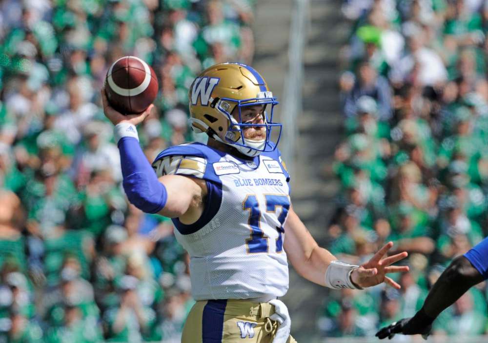 MARK TAYLOR / THE CANADIAN PRESS
Winnipeg Blue Bombers quarterback Chris Streveler attempts a pass during first half CFL action against the Saskatchewan Roughriders in Regina on Sunday, September 1, 2019.