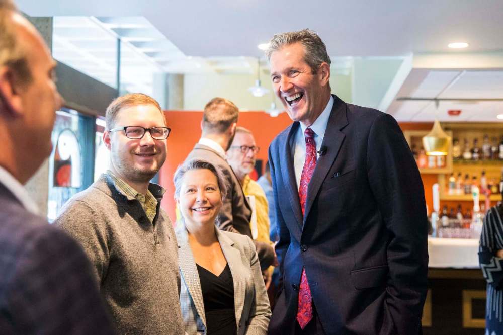 MIKAELA MACKENZIE / WINNIPEG FREE PRESSPC leader Brian Pallister chats with supporters before presenting his costed platform at Prairie's Edge restaurant in Kildonan Park Tuesday.