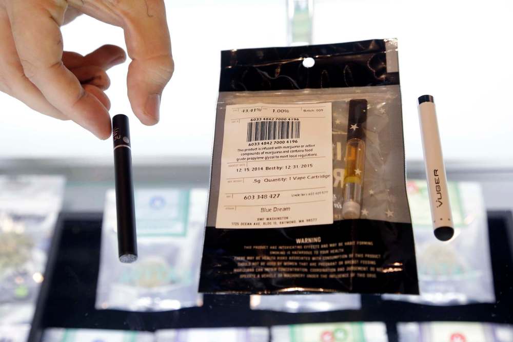 Elaine Thompson / The Associated Press
A cannabis vape pen cartridge is displayed at a Seattle cannabis store in 2015.