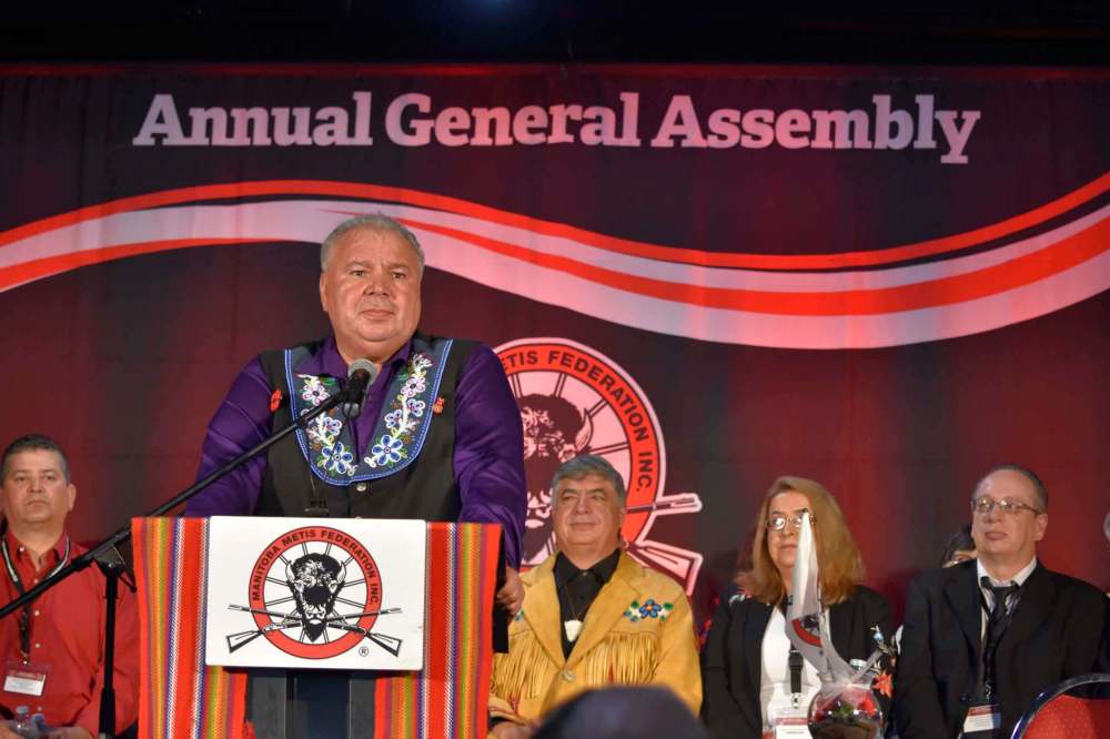 TESSA VANDERHART / WINNIPEG FREE PRESS
Manitoba Metis Federation president David Chartrand announced a $1-million donation to the CancerCare Manitoba Foundation and a $10,000 reward for tips leading to the arrest of a Metis missing or murdered person at the MMF's Annual General Assembly Saturday.