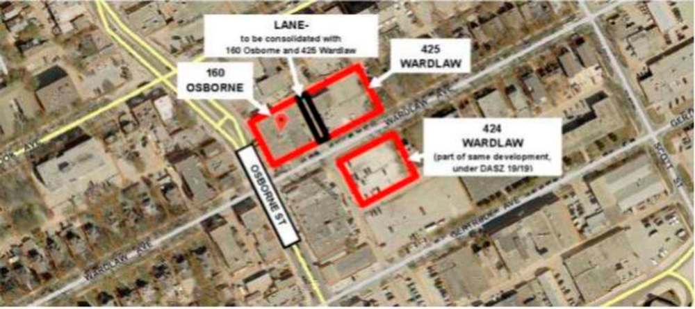 A city of Winnipeg map shows the site of the proposed development at 160 Osborne St., 425 Wardlaw Ave. and 424 Wardlaw Ave. (City of Winnipeg)