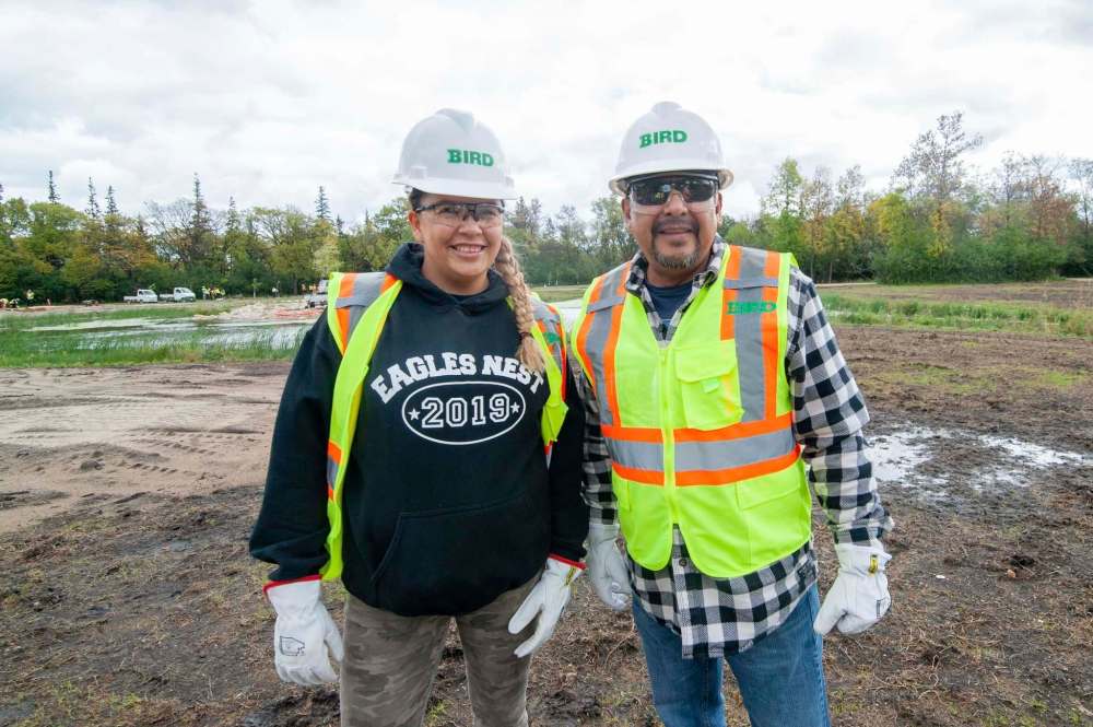 Mike Sudoma / Winnipeg Free Press
Elissa Gabriel (left) and Fred Beardy (right) of Eagles Nest on the construction site of the future Indigenous Gardens under construction in Assiniboine Park.