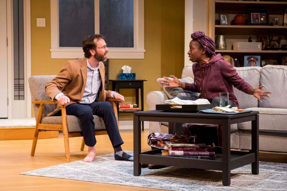 Lila (Beverly Ndukwu) blames playwright Tim Bernbaum (Tom Keenan) for making her bad situation worse. (Dylan Hewlett)