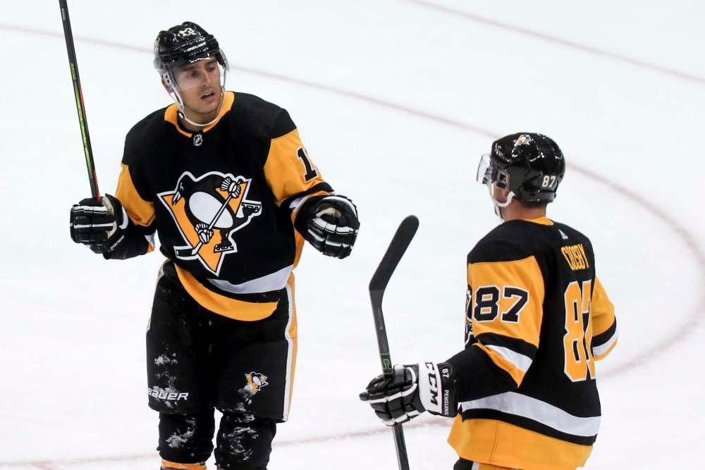 (AP Photo/Keith Srakocic)
Brandon Tanev, left, celebrates with Sidney Crosby after scoring against the Detroit Red Wings during an NHL preseason game.